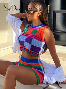 Knitted Contrast Color Crop Tank Top and Shorts Set