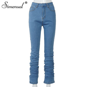 Simenual Ruched Denim Blue High Wait Stacked Pants