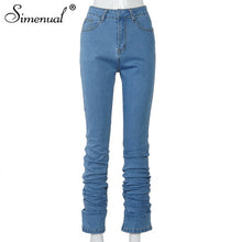 Load image into Gallery viewer, Simenual Ruched Denim Blue High Wait Stacked Pants
