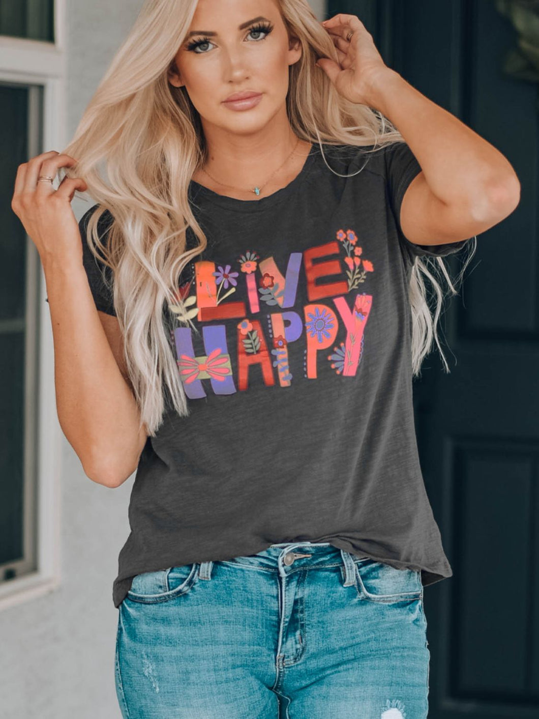 LIVE HAPPY Floral Graphic Short Sleeve T-Shirt