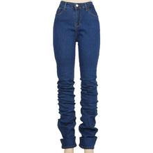 Load image into Gallery viewer, Simenual Ruched Denim Blue High Wait Stacked Pants
