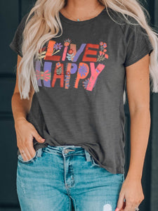 LIVE HAPPY Floral Graphic Short Sleeve T-Shirt